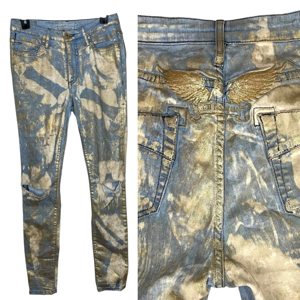 Robin’s Jean Women’s Gold‎ Metallic High Waisted Distressed Skinny Jeans 27